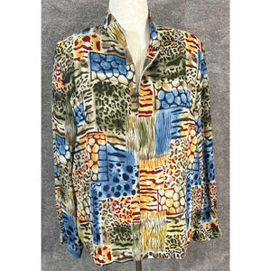 Alfred Dunner Top Womens 18 Blue Multi Animal Print Bubble Hem Full Zip Blouse